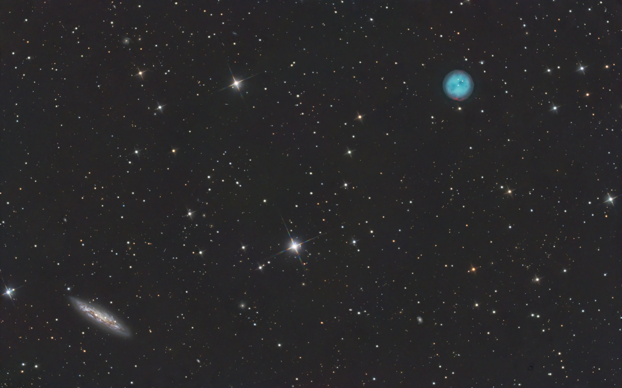 Top right: Planetary nebulae "Owl Nebula, Messier 97" and Botton left: "Surfboard Galaxy Messier 108"